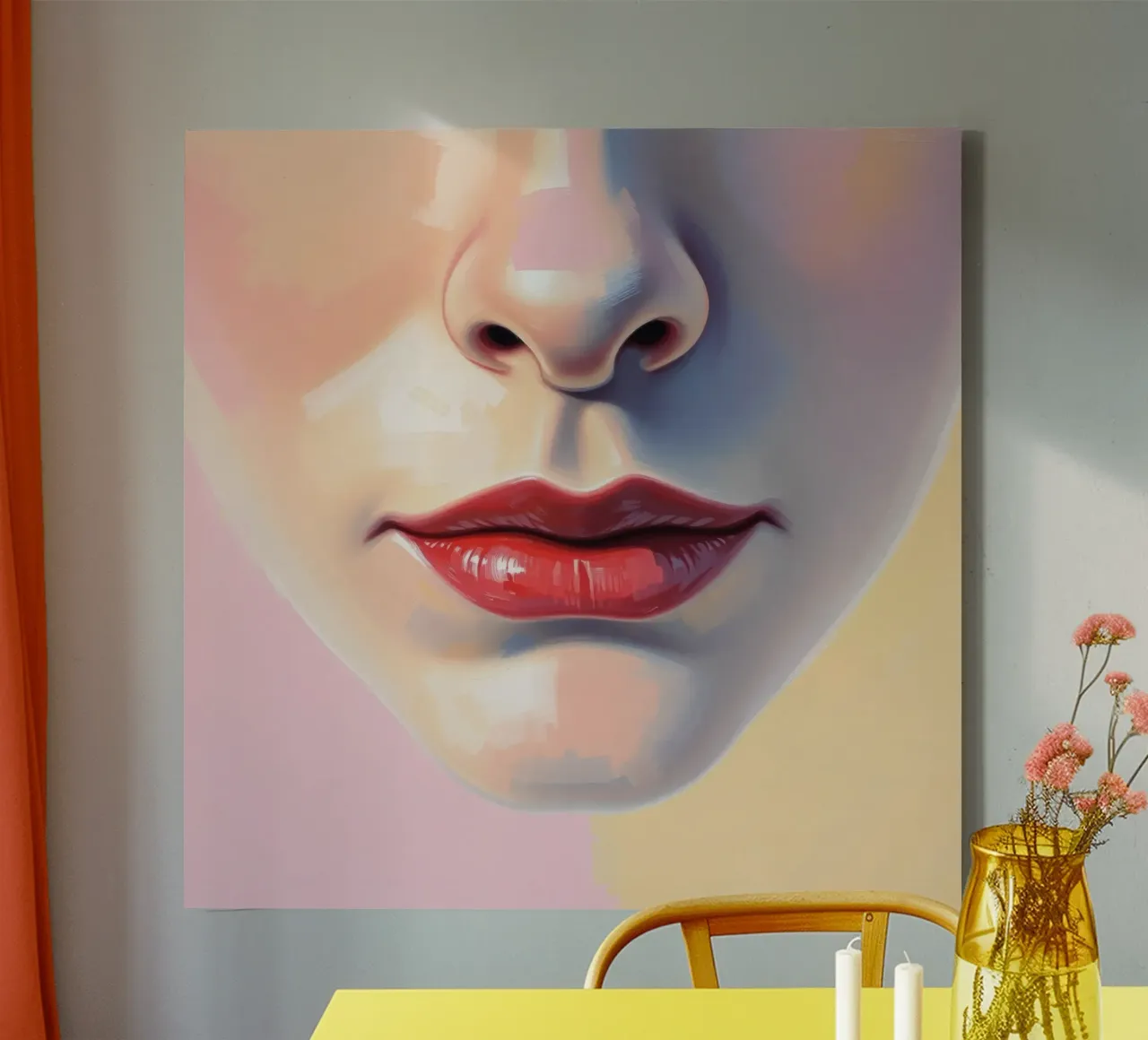 een gestileerd gezicht met levendige lippenstift en een gladde huid canvas met Baklijst van DesignDoodle