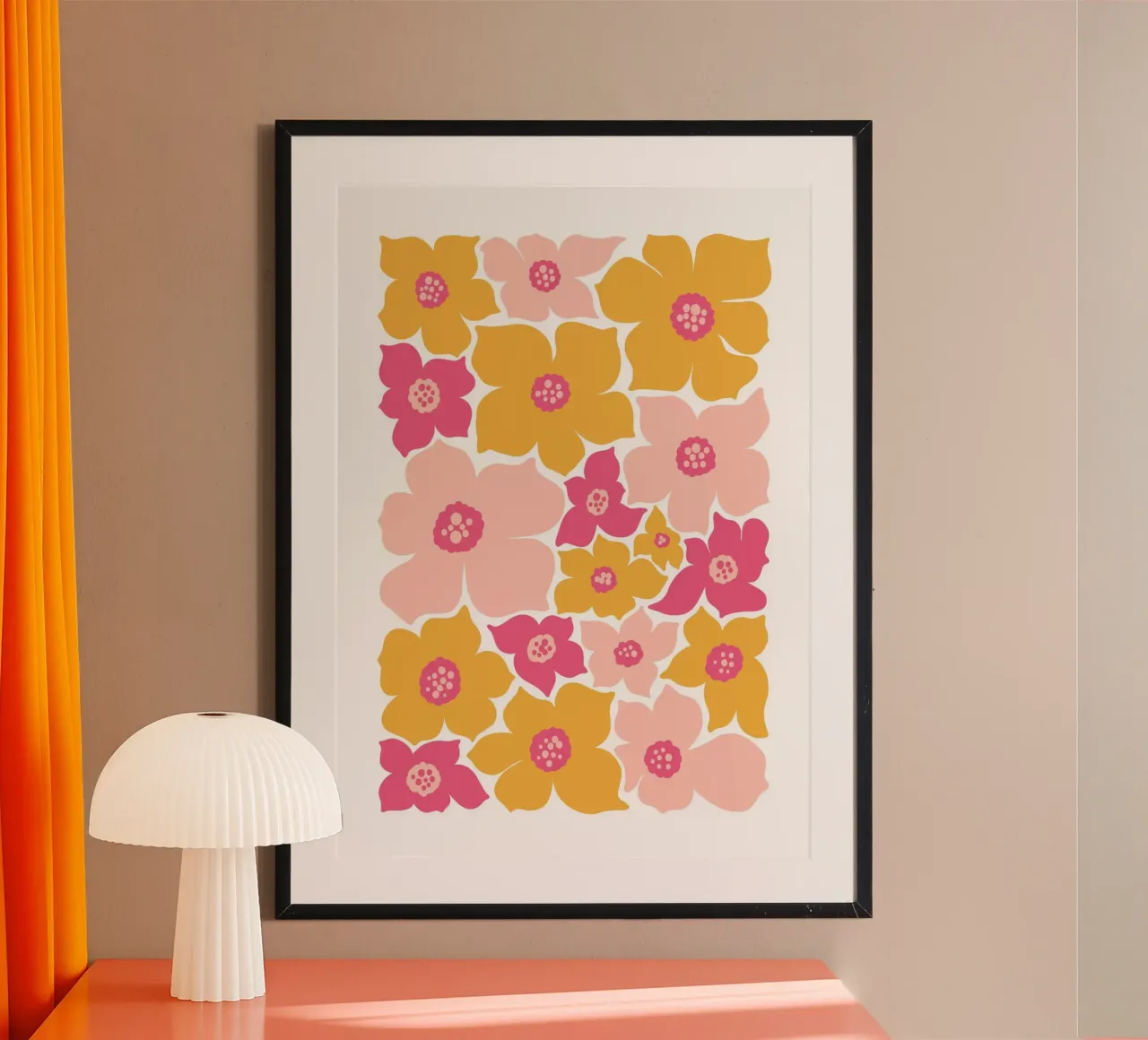 Psicodélico Rosa Hippie Flores Retro Negrita Floral Pop Art poster con marco de madera de NorwesClub
