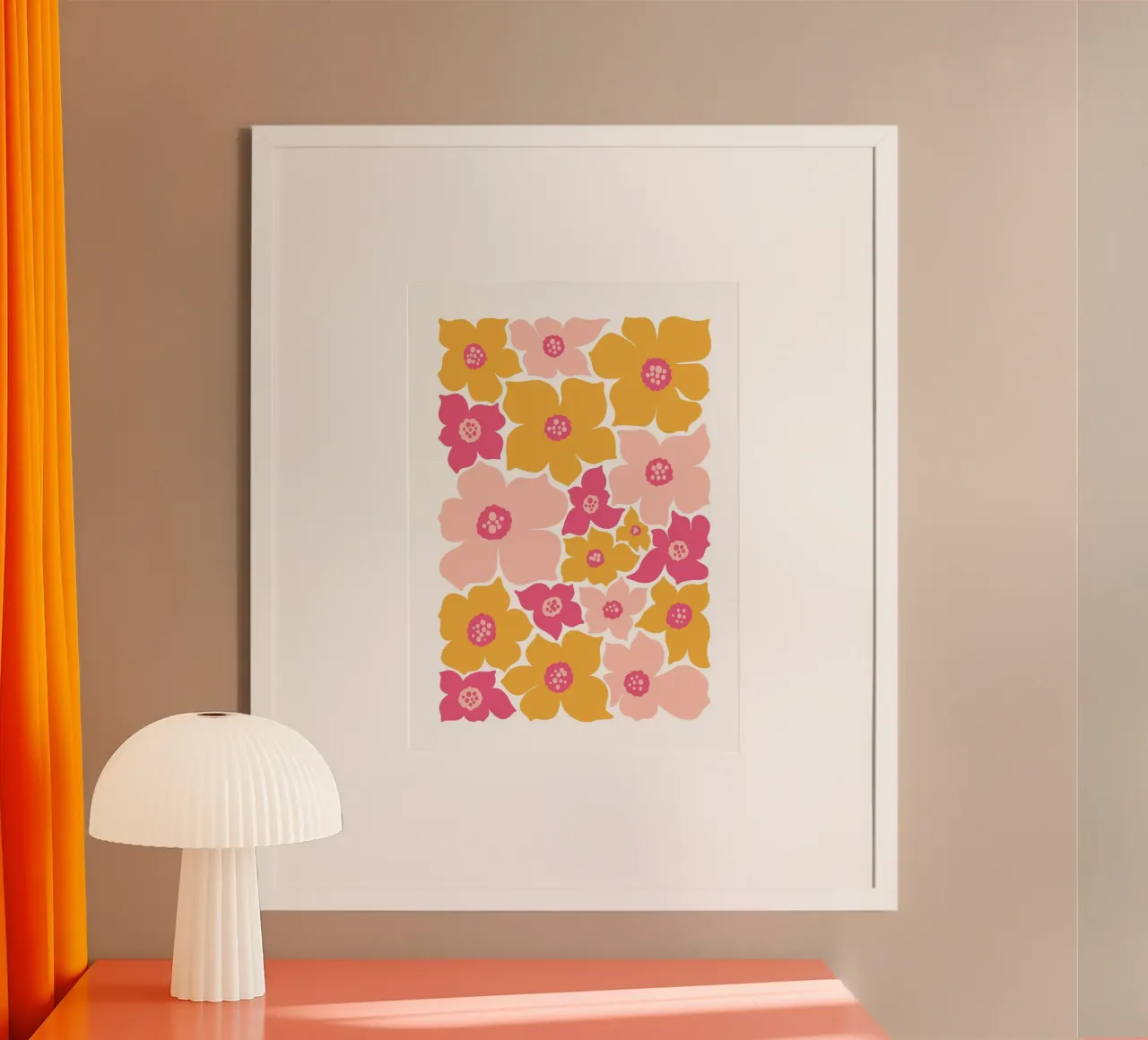 Psicodélico Rosa Hippie Flores Retro Negrita Floral Pop Art poster con marco de madera de NorwesClub