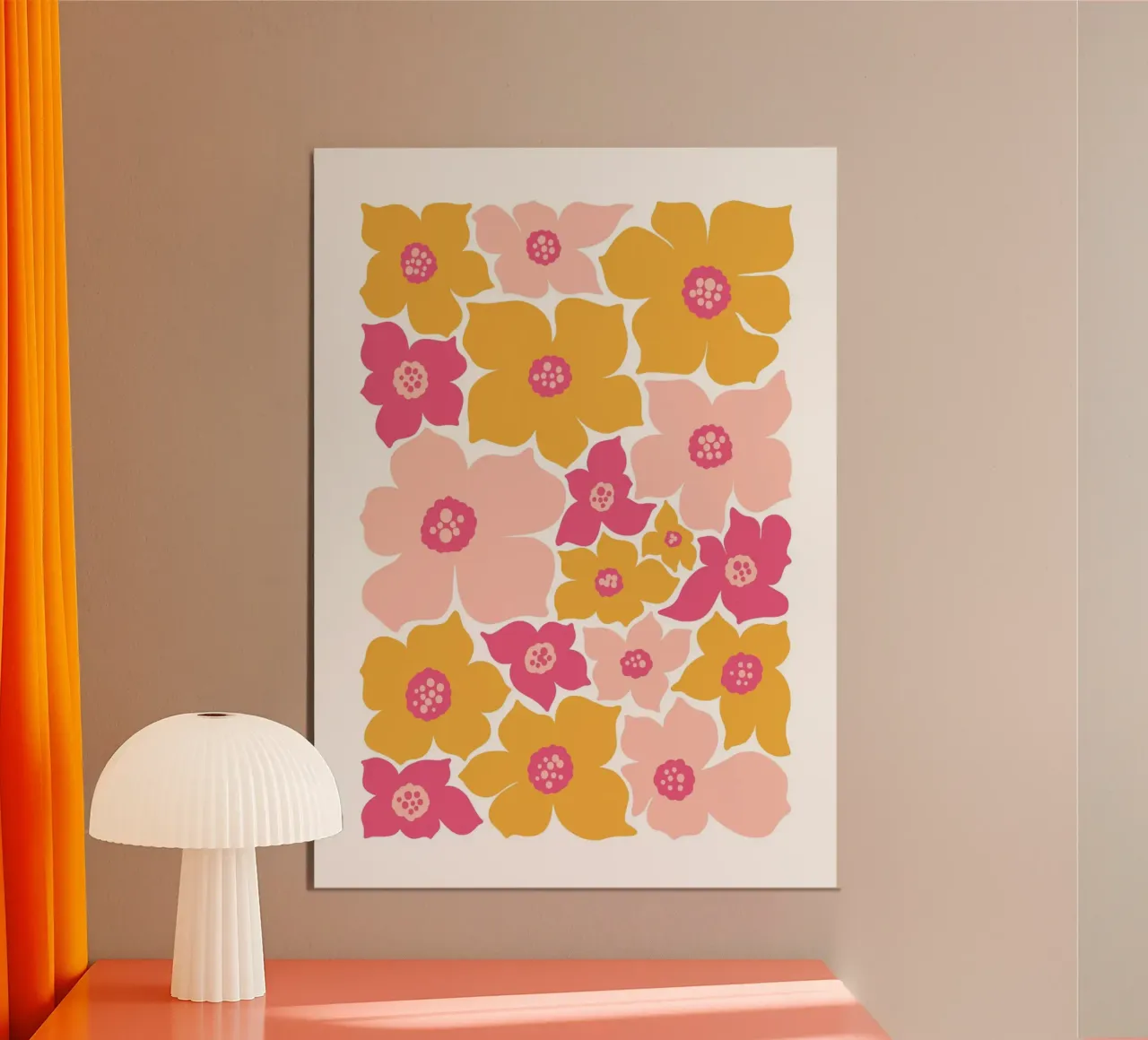 Psicodélico Rosa Hippie Flores Retro Negrita Floral Pop Art poster con marco de madera de NorwesClub