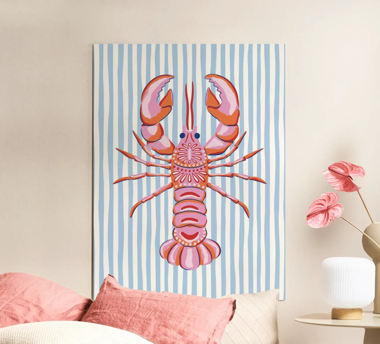 Red and pink lobster on blue and white stripes Poster mit Aluminium Rahmen von Vivdesign