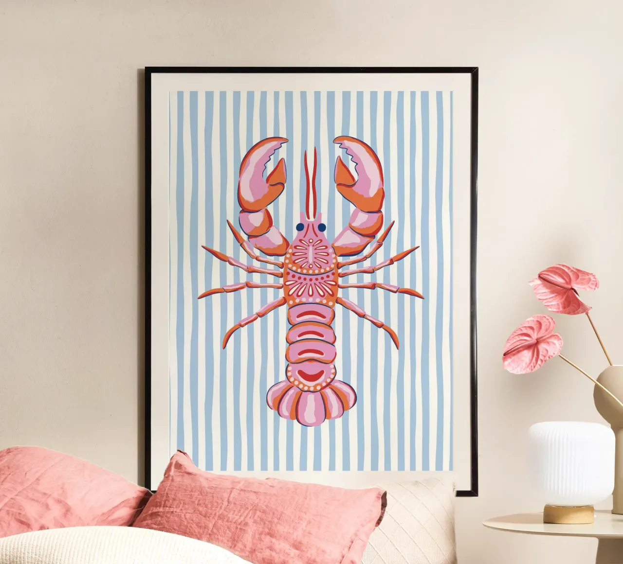 Red and pink lobster on blue and white stripes Poster mit Aluminium Rahmen von Vivdesign