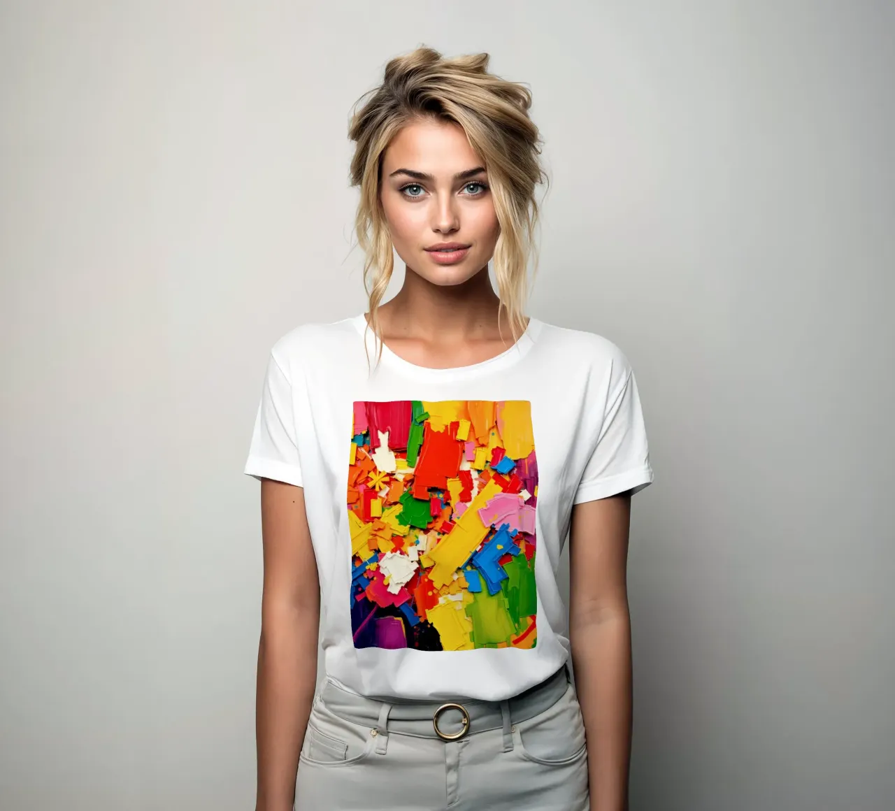 Bright color explosion with abstract shapes and textures women's fitted t-shirt by DesignDoodle