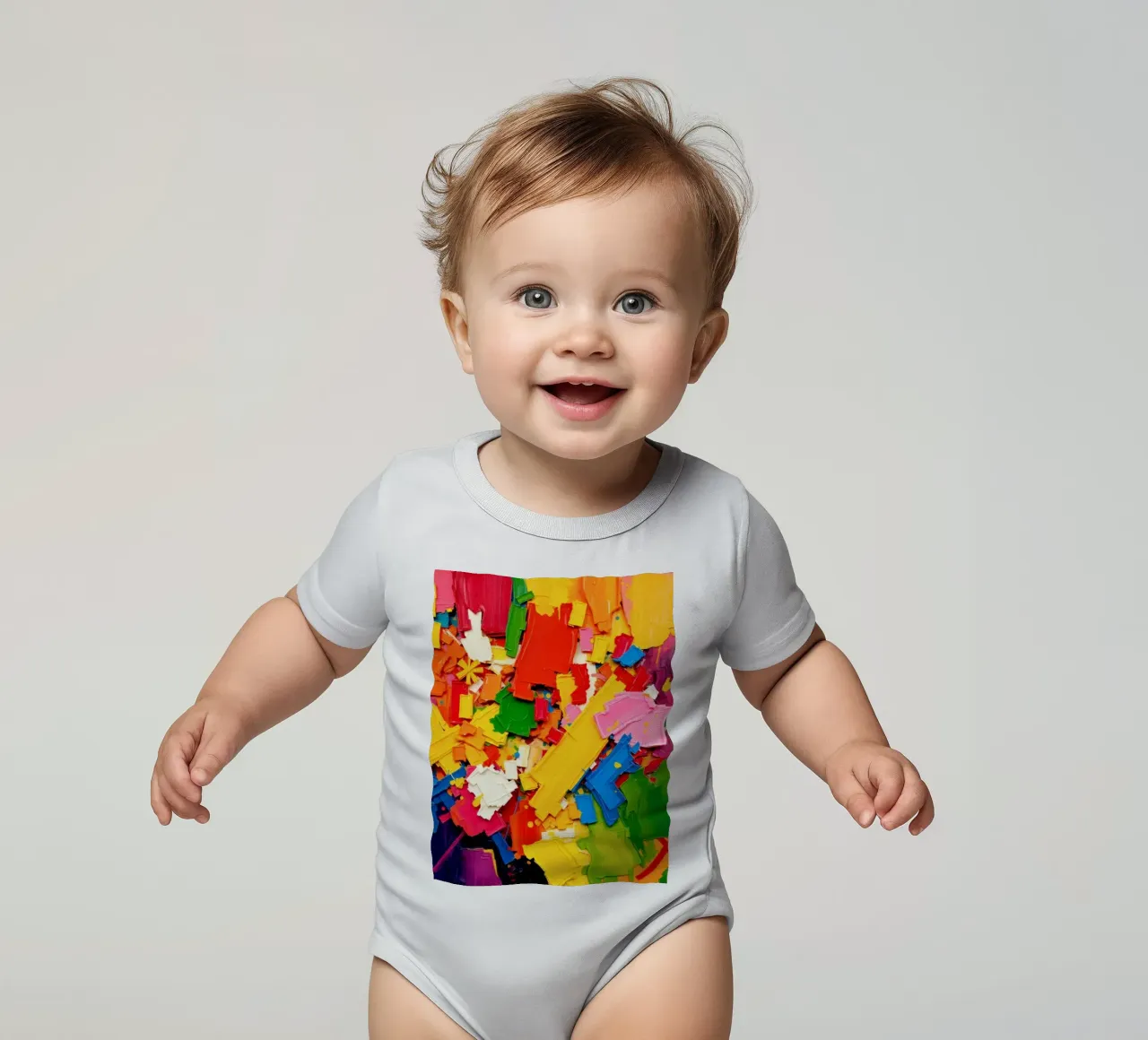 Bright color explosion with abstract shapes and textures short-sleeve baby romper by DesignDoodle