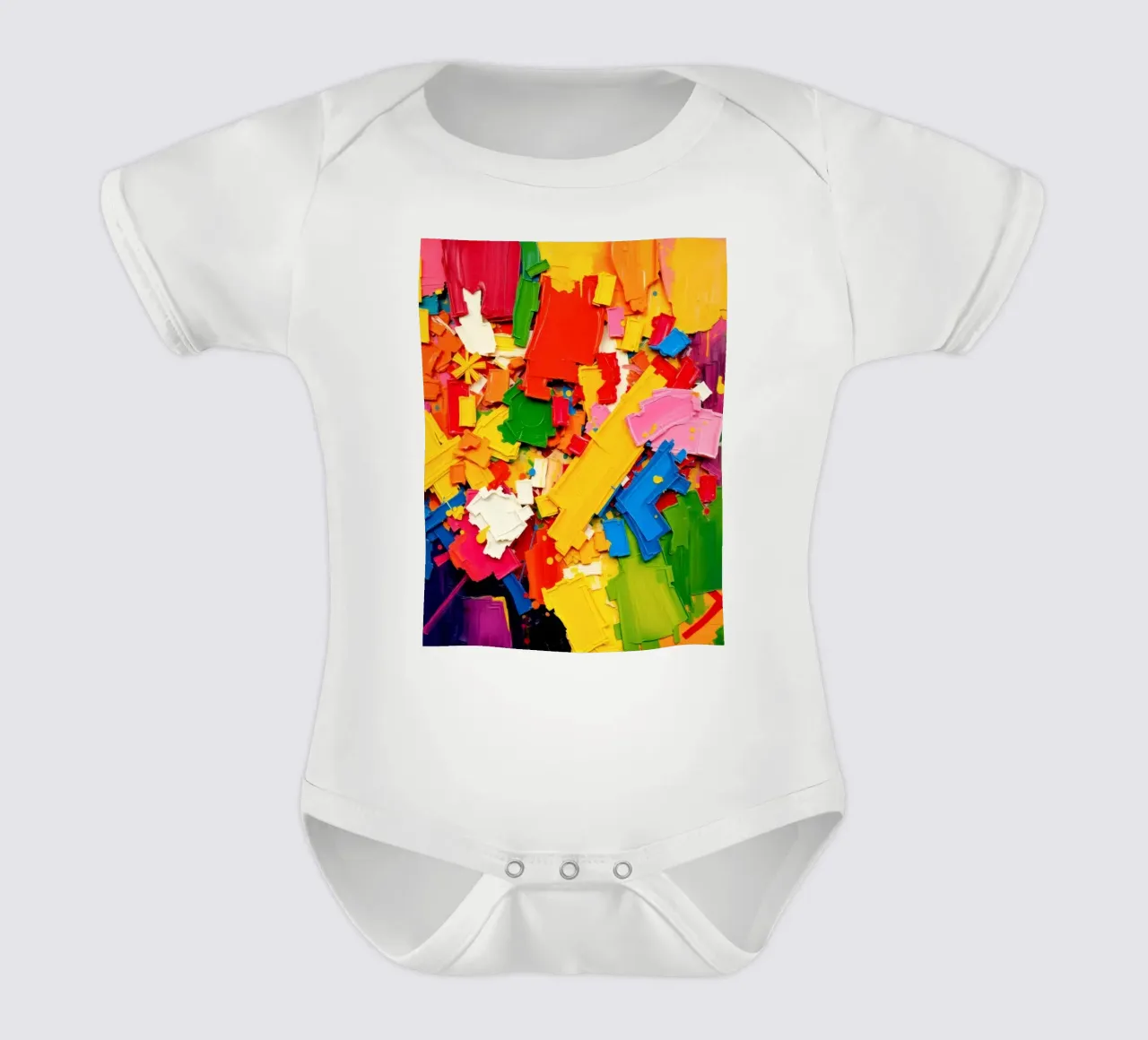 Bright color explosion with abstract shapes and textures short-sleeve baby romper by DesignDoodle