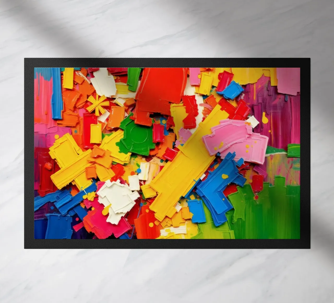 Bright color explosion with abstract shapes and textures doormat by DesignDoodle