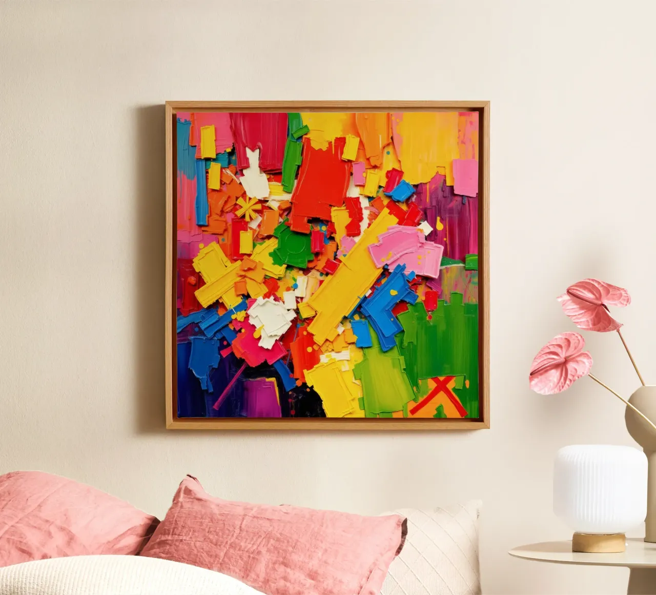 Bright color explosion with abstract shapes and textures canvas by DesignDoodle