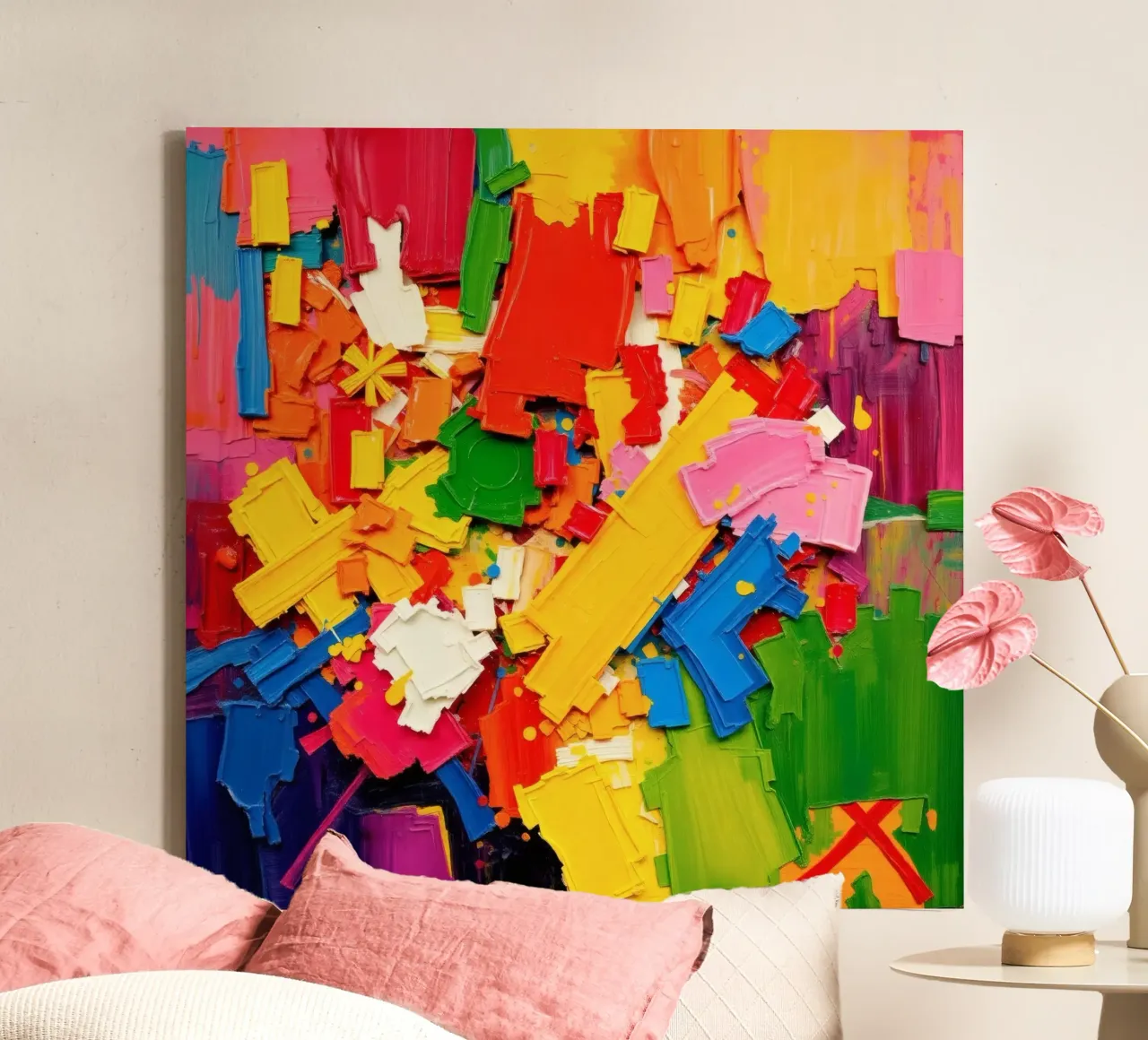 Bright color explosion with abstract shapes and textures canvas by DesignDoodle