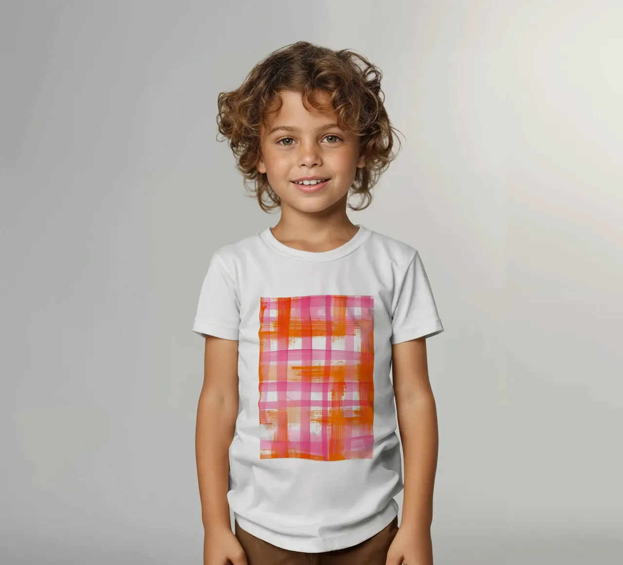 Pink Orange Gingham Abstract Geometric Pop Art Grid kids t-shirt by NorwesClub