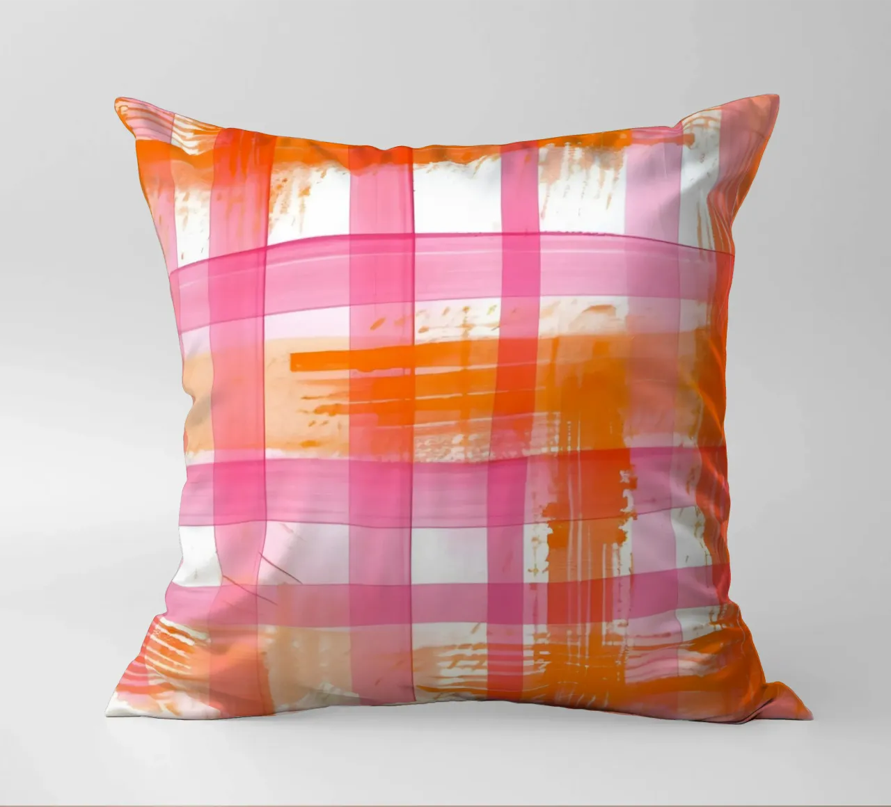 Pink Orange Gingham Abstract Geometric Pop Art Grid decorative cushion by NorwesClub