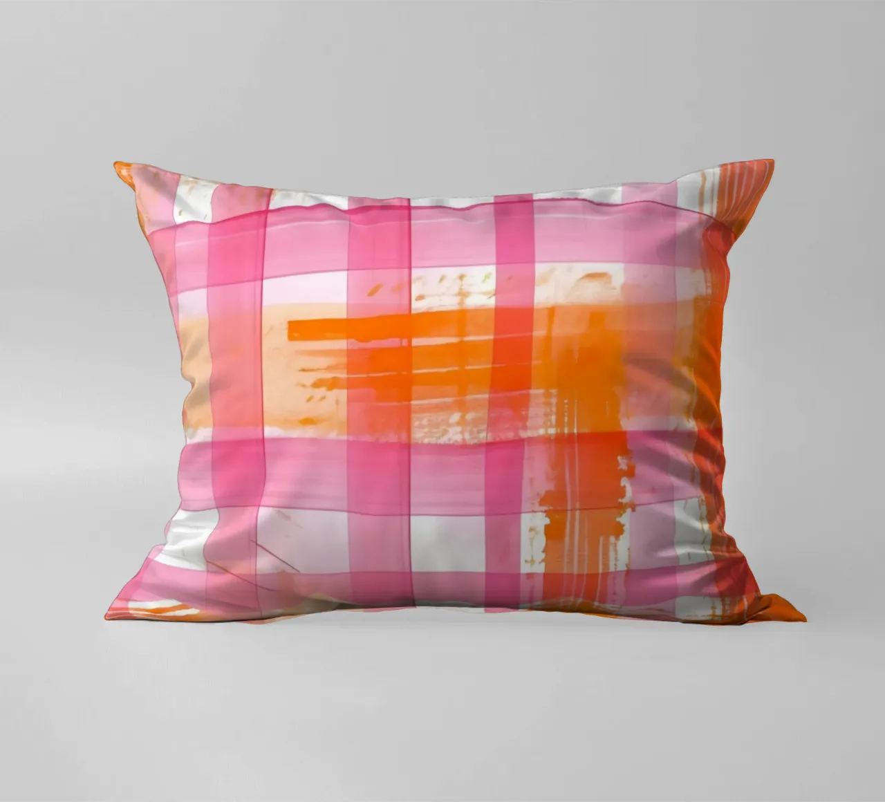 Pink Orange Gingham Abstract Geometric Pop Art Grid decorative cushion by NorwesClub
