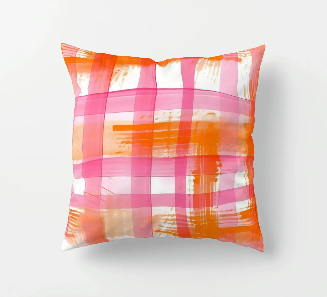 Pink Orange Gingham Abstract Geometric Pop Art Grid decorative cushion by NorwesClub