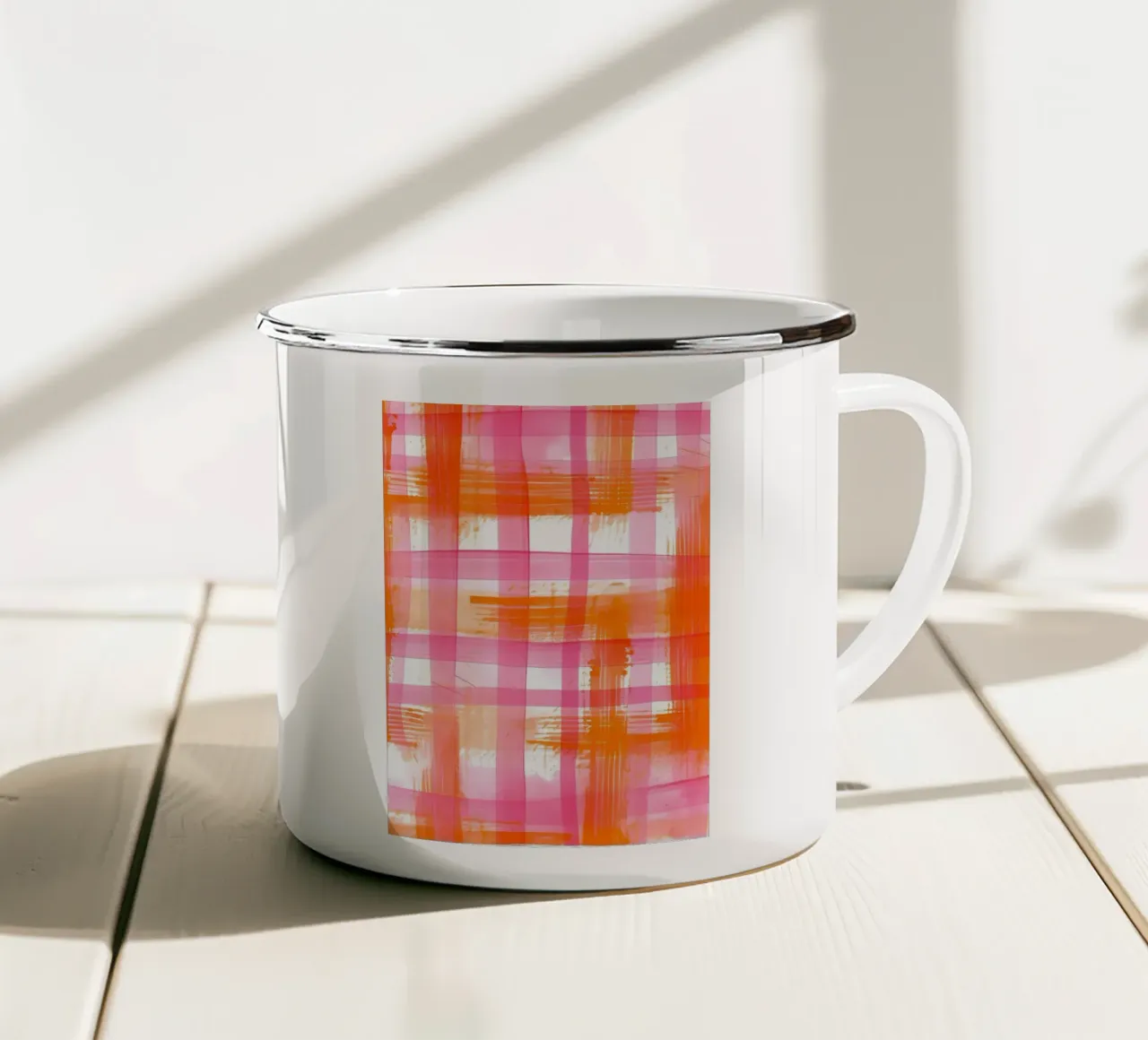 Roze Oranje Gingham Abstract Geometrisch Pop Art Raster emaille mok van NorwesClub