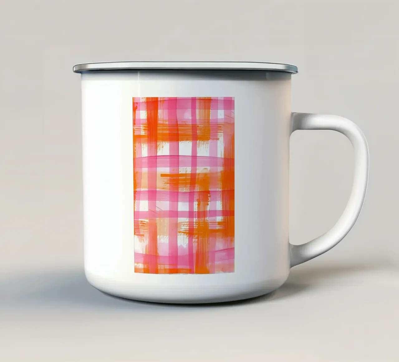 Roze Oranje Gingham Abstract Geometrisch Pop Art Raster emaille mok van NorwesClub