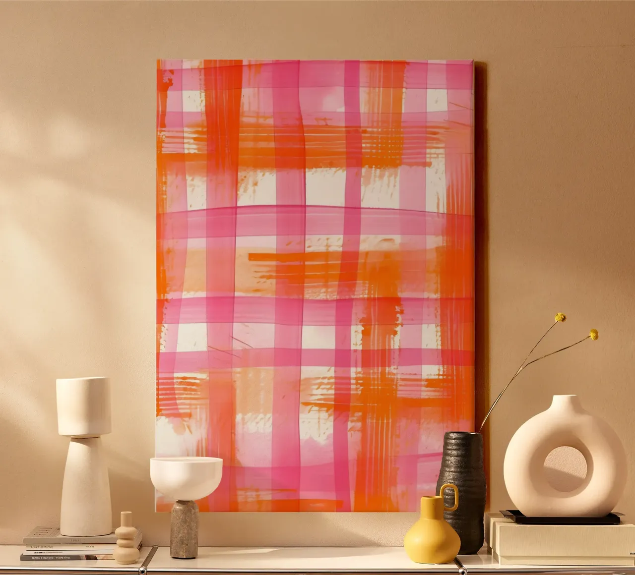 Pink Orange Gingham Abstract Geometric Pop Art Grid canvas by NorwesClub