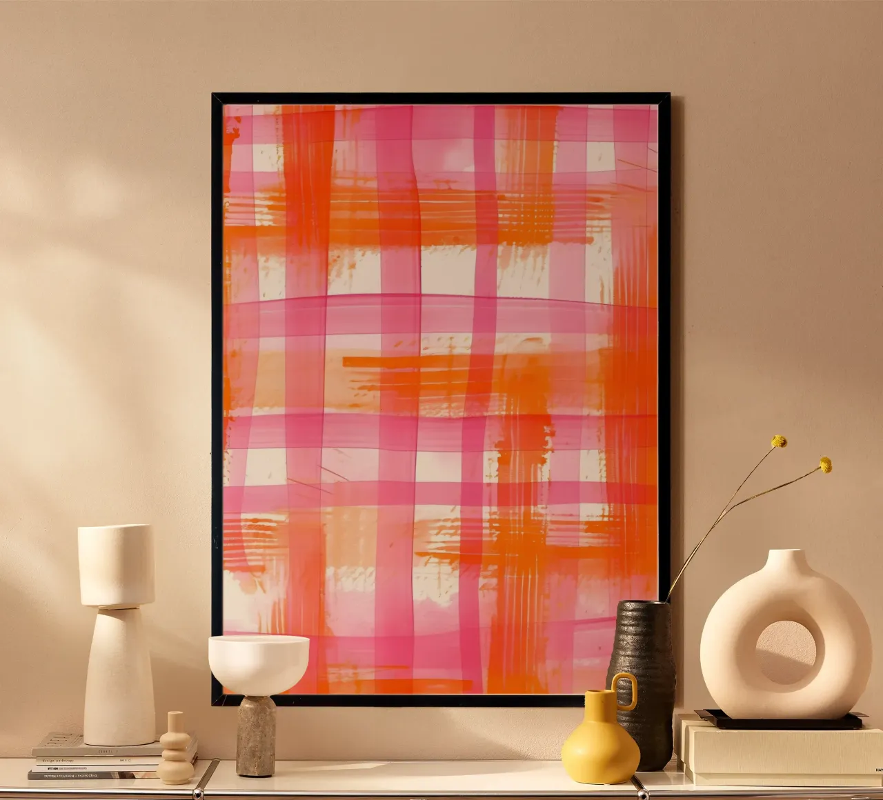 Rosa Naranja Gingham Abstracto Geométrico Pop Art Cuadrícula poster de NorwesClub