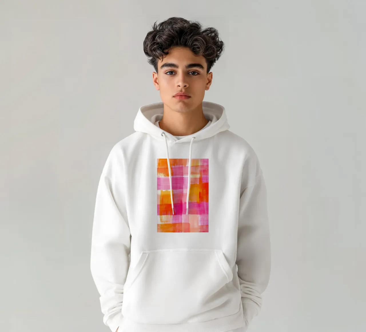 Stampa pop d'arte geometrica astratta a scacchi rosa-arancio felpa con cappuccio da NorwesClub