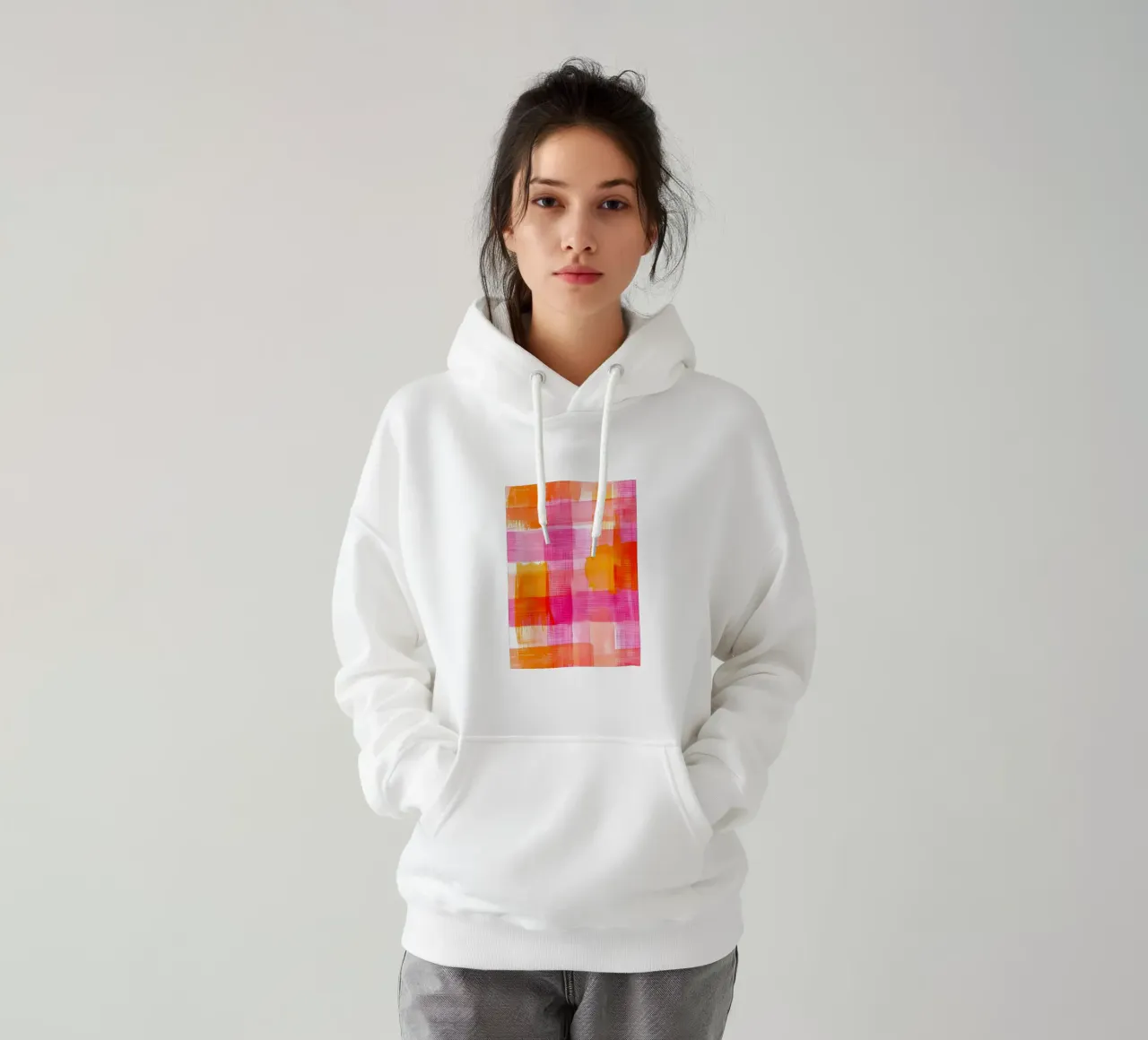 Stampa pop d'arte geometrica astratta a scacchi rosa-arancio felpa con cappuccio da NorwesClub