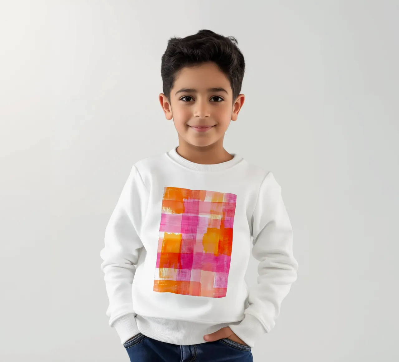 Stampa pop d'arte geometrica astratta a scacchi rosa-arancio felpa bambino da NorwesClub