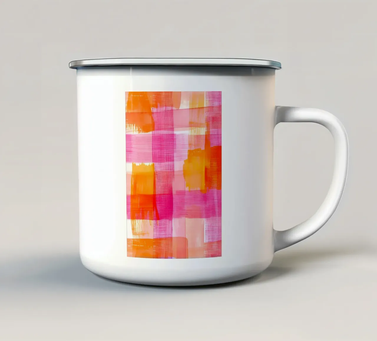 Stampa pop d'arte geometrica astratta a scacchi rosa-arancio tazza in smalto da NorwesClub