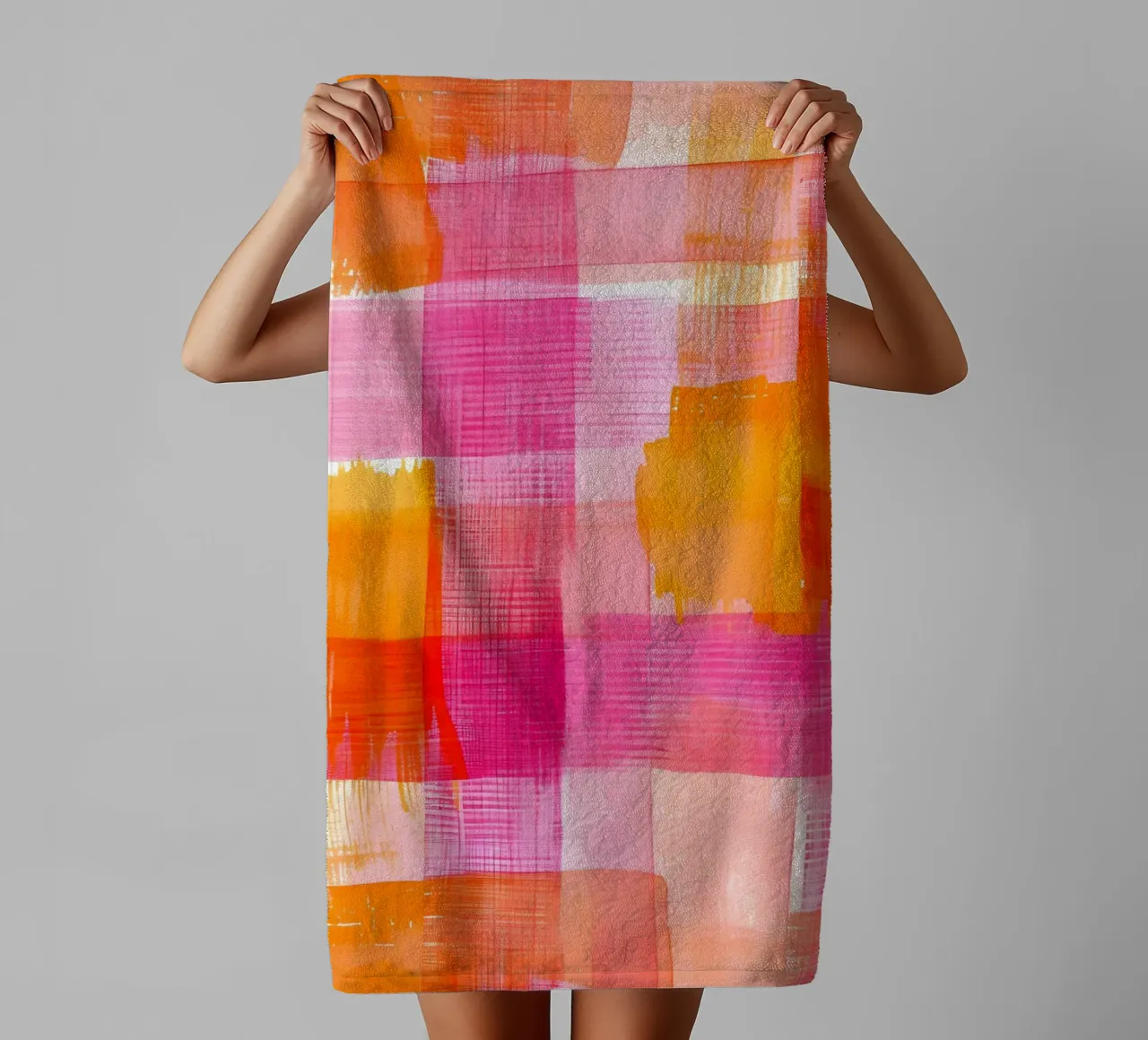 Stampa pop d'arte geometrica astratta a scacchi rosa-arancio asciugamano da bagno da NorwesClub