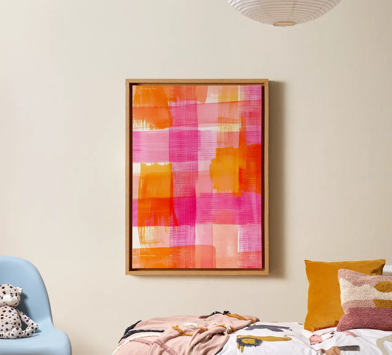 Pink Orange Abstract Checkered Geometric Pop Art Print canvas with Floater frame by NorwesClub