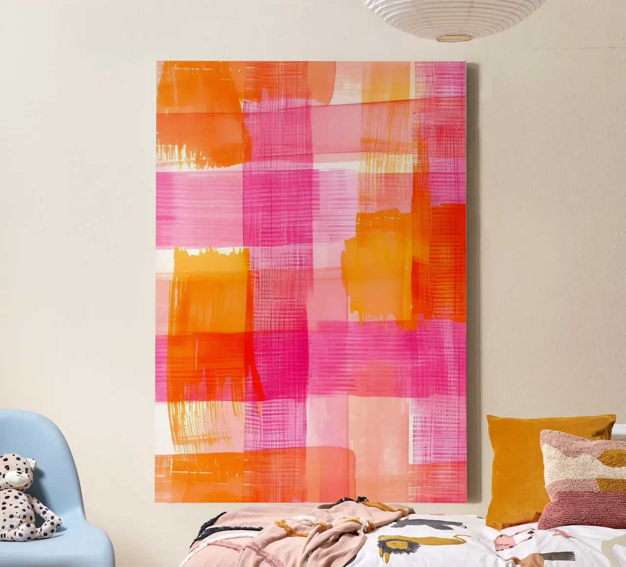 Pink Orange Abstract Checkered Geometric Pop Art Print canvas with Floater frame by NorwesClub