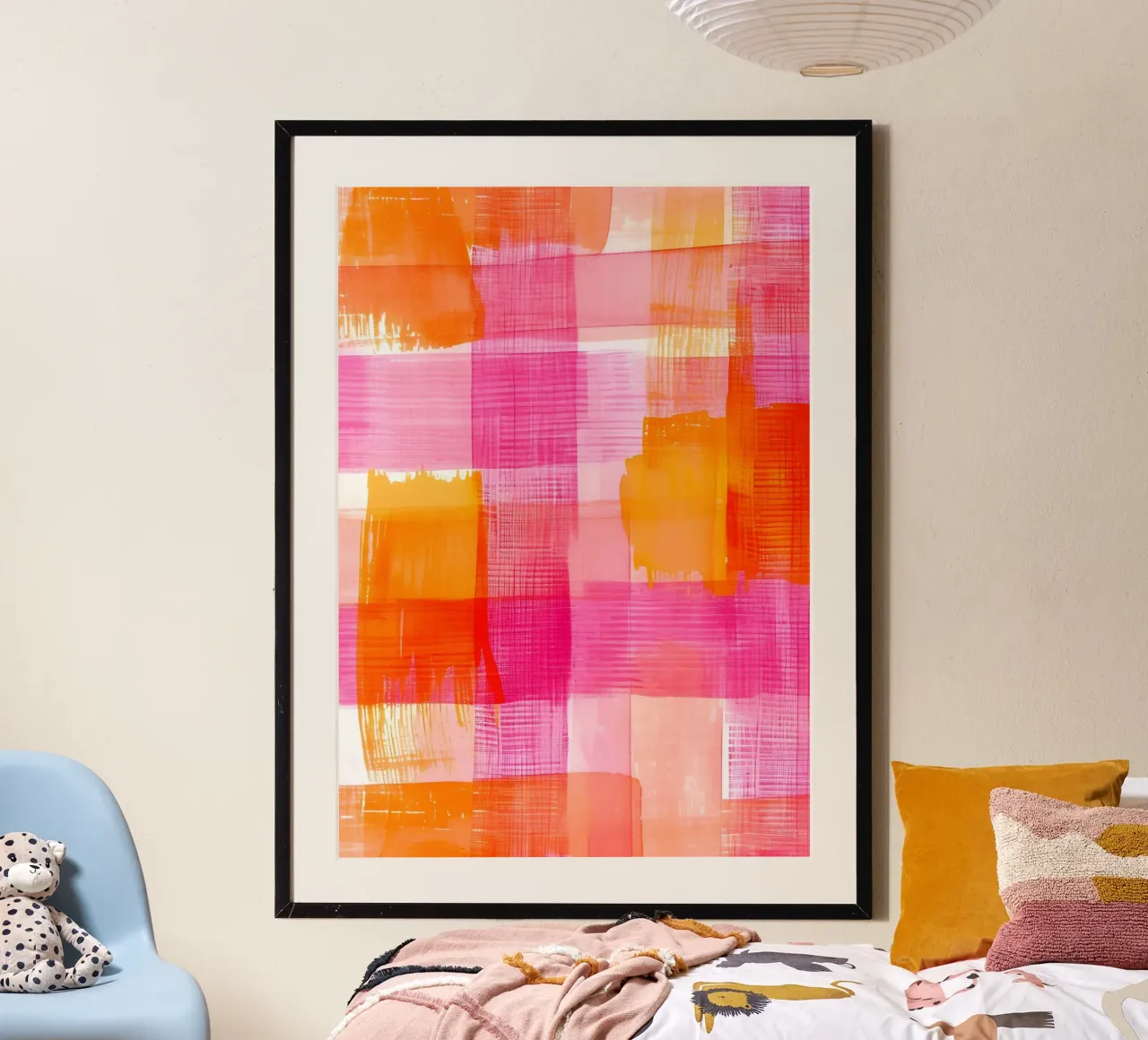Stampa pop d'arte geometrica astratta a scacchi rosa-arancio carta hahnemühle da NorwesClub