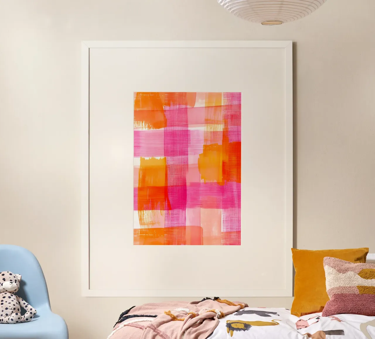 Stampa pop d'arte geometrica astratta a scacchi rosa-arancio carta hahnemühle da NorwesClub