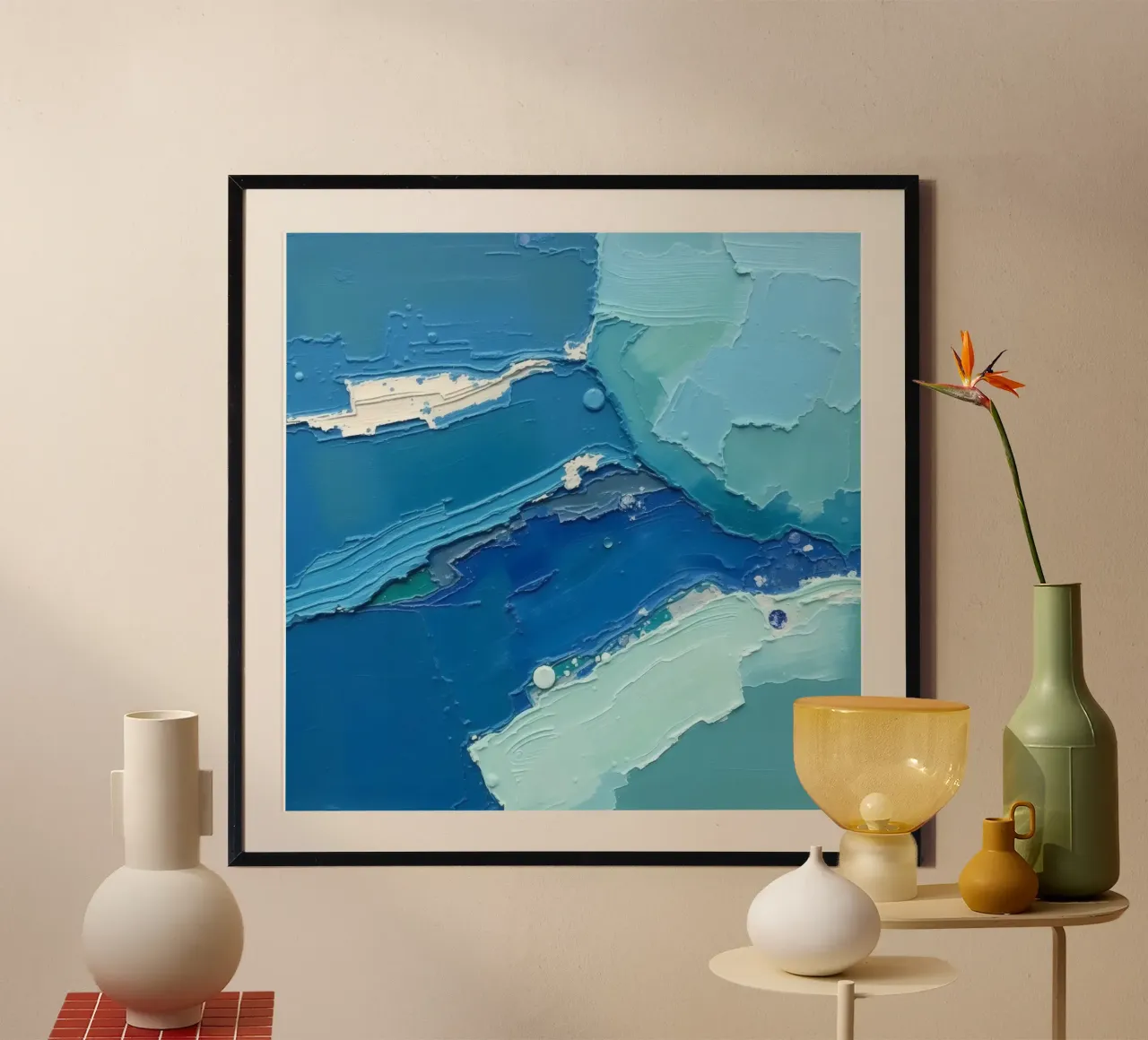 Pittura astratta colorata di colore blu con strati di texture poster con telaio in plastica da DesignDoodle