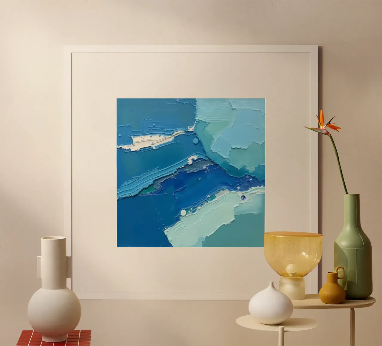 Pittura astratta colorata di colore blu con strati di texture poster con telaio in plastica da DesignDoodle