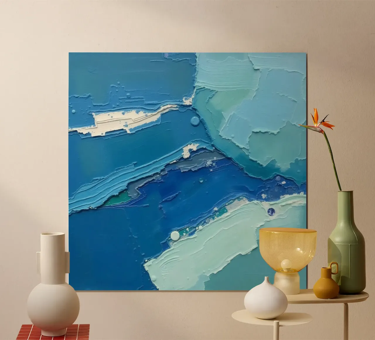 Pittura astratta colorata di colore blu con strati di texture poster con telaio in plastica da DesignDoodle