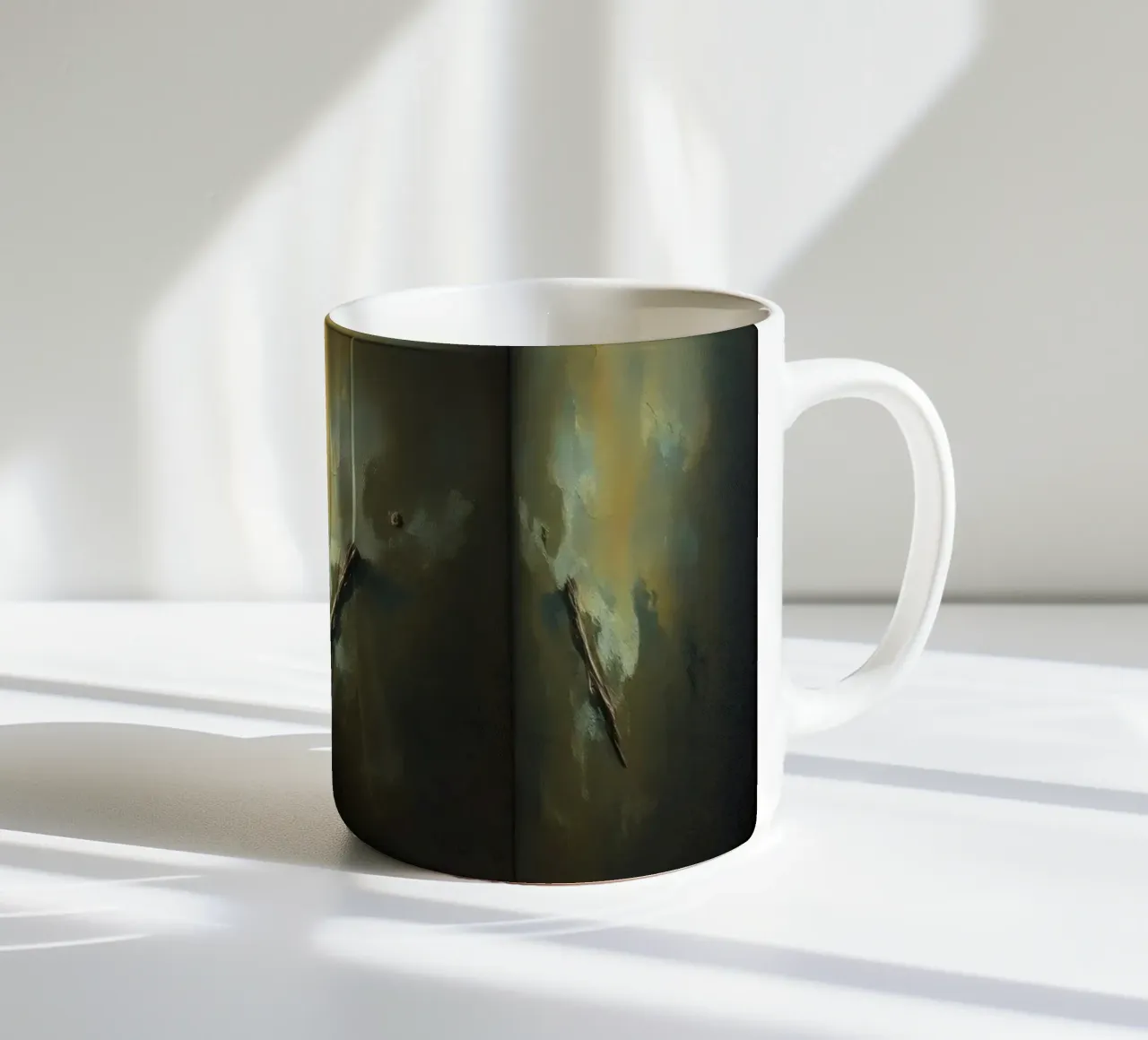 Stanza buia con illuminazione astratta e silhouette di uccelli tazza in ceramica da DesignDoodle
