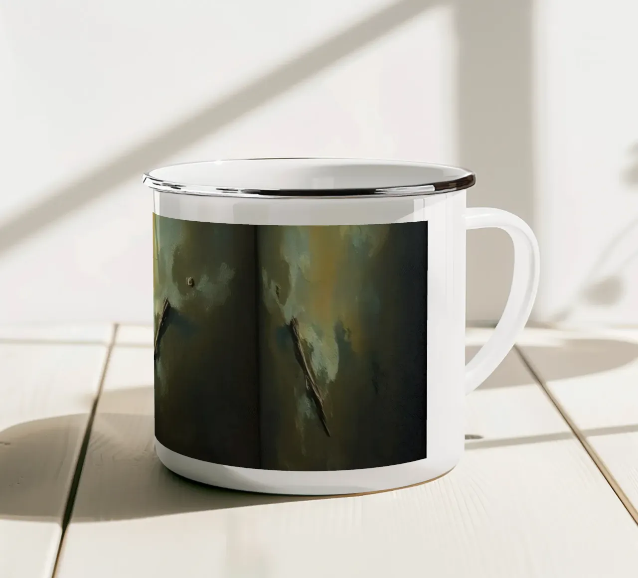 Stanza buia con illuminazione astratta e silhouette di uccelli tazza in smalto da DesignDoodle