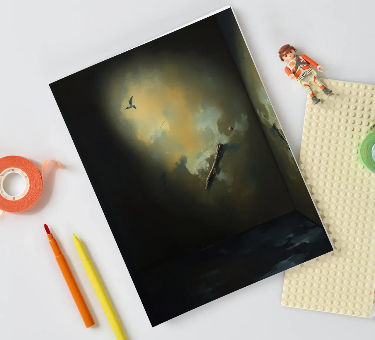 Dark room with abstract lighting and bird silhouette notebook by DesignDoodle