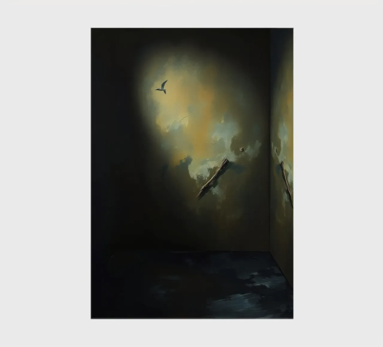 Dark room with abstract lighting and bird silhouette notebook by DesignDoodle