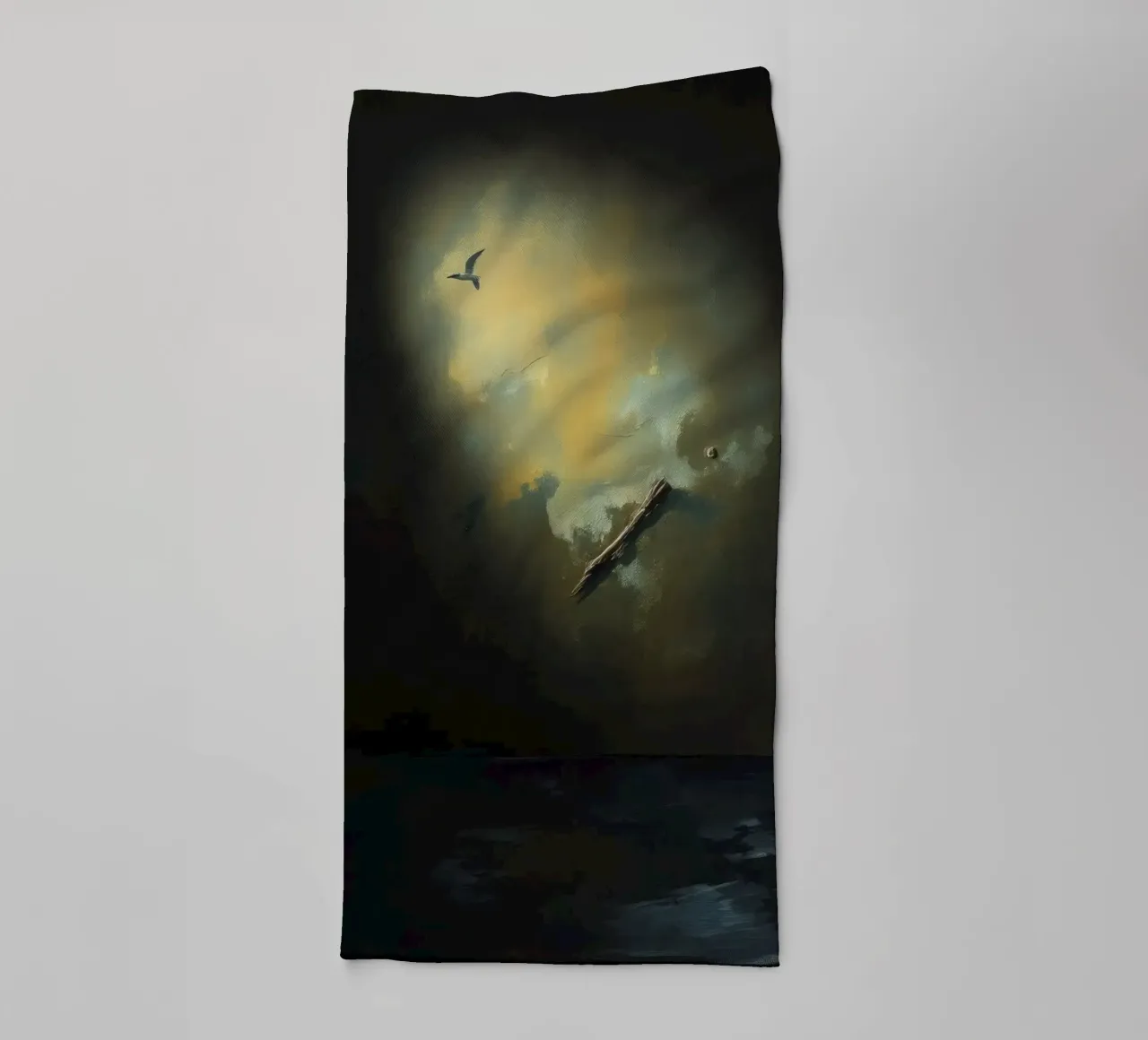 Dark room with abstract lighting and bird silhouette towel by DesignDoodle