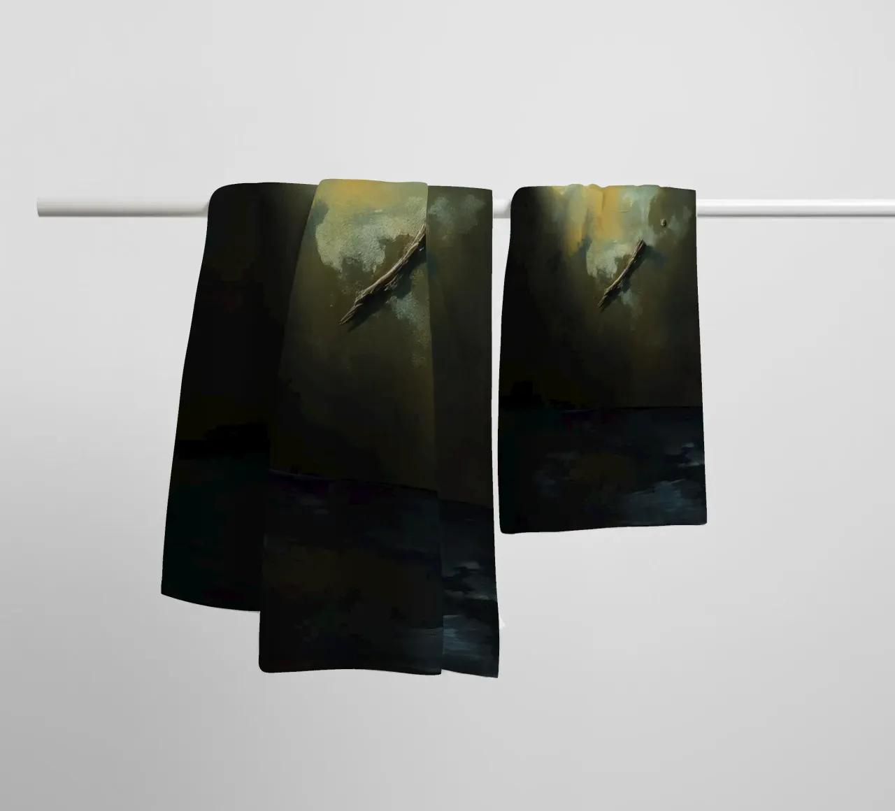 Dark room with abstract lighting and bird silhouette towel by DesignDoodle