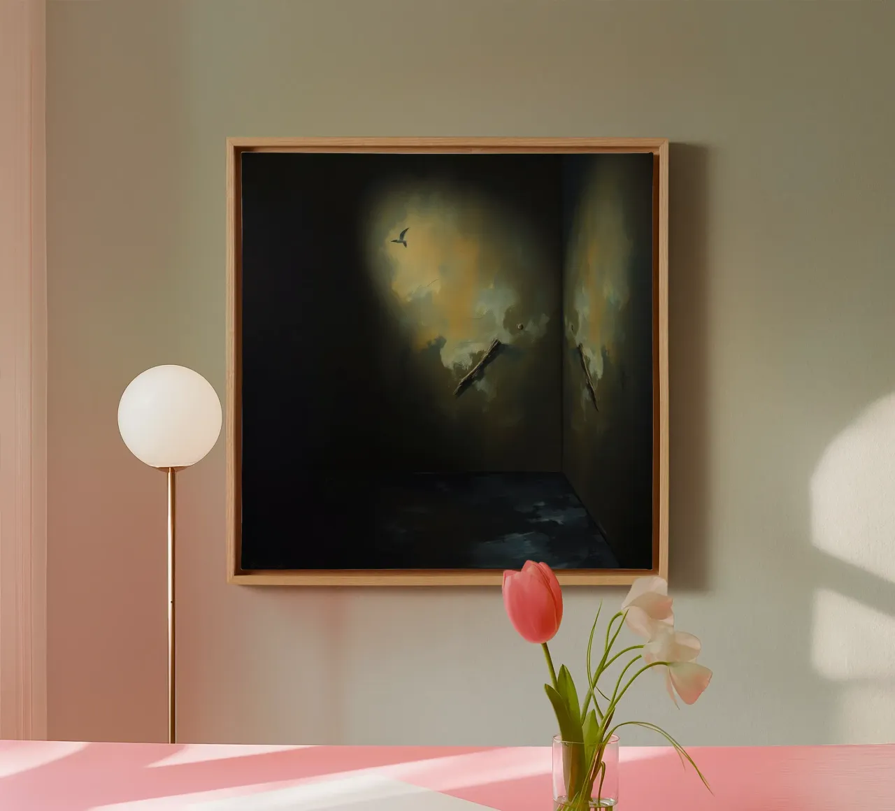 Donkere kamer met abstracte verlichting en vogelsilhouet canvas met Baklijst van DesignDoodle