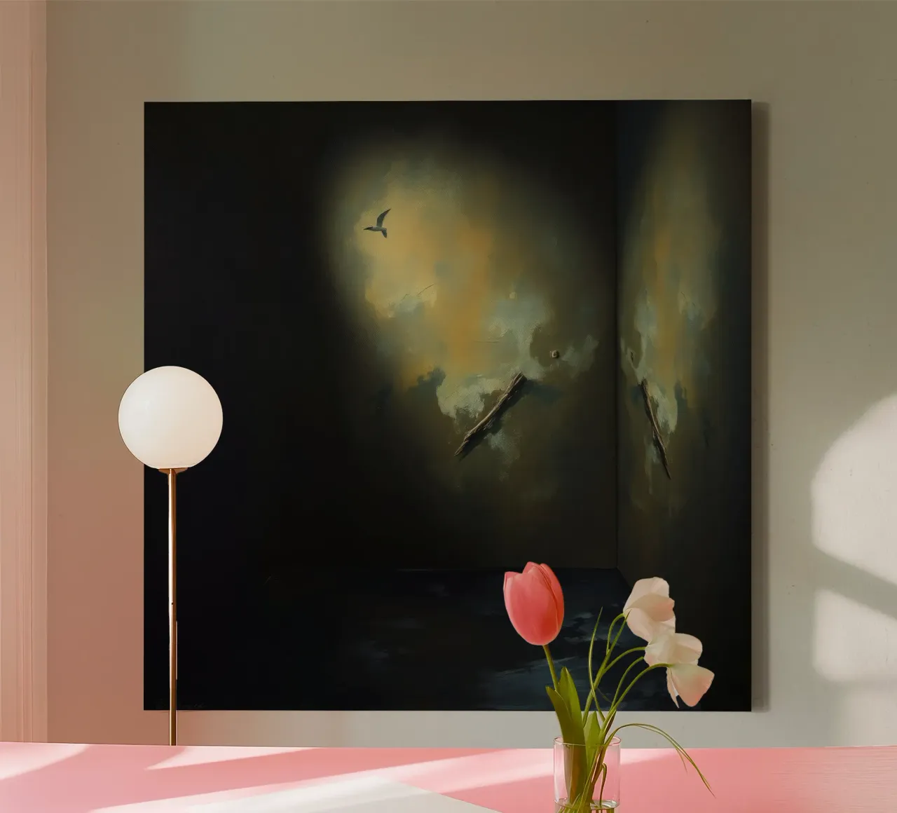 Donkere kamer met abstracte verlichting en vogelsilhouet canvas met Baklijst van DesignDoodle