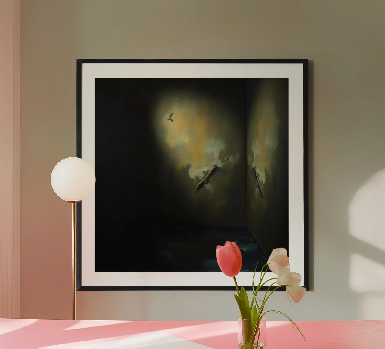 Dark room with abstract lighting and bird silhouette hahnemühle by DesignDoodle