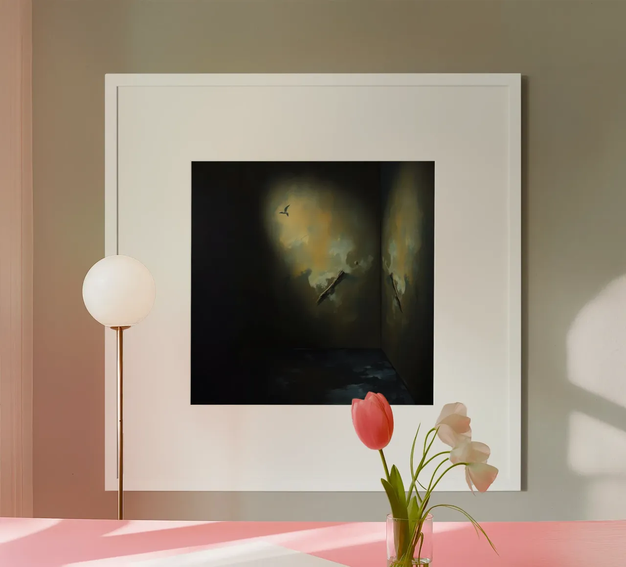 Dark room with abstract lighting and bird silhouette hahnemühle by DesignDoodle