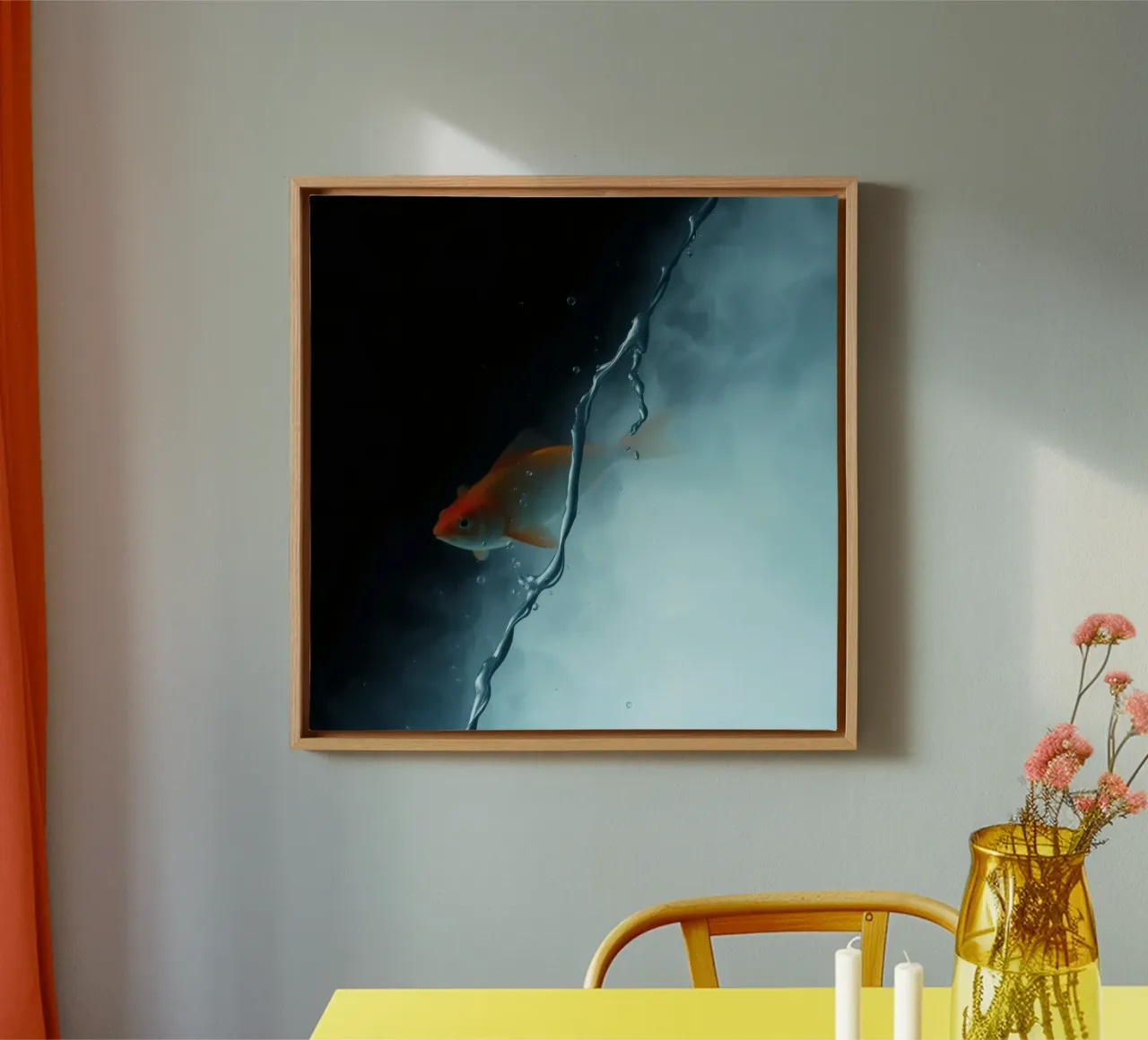 goldfish swimming through misty water in a serene aquarium canvas with Floater frame by DesignDoodle