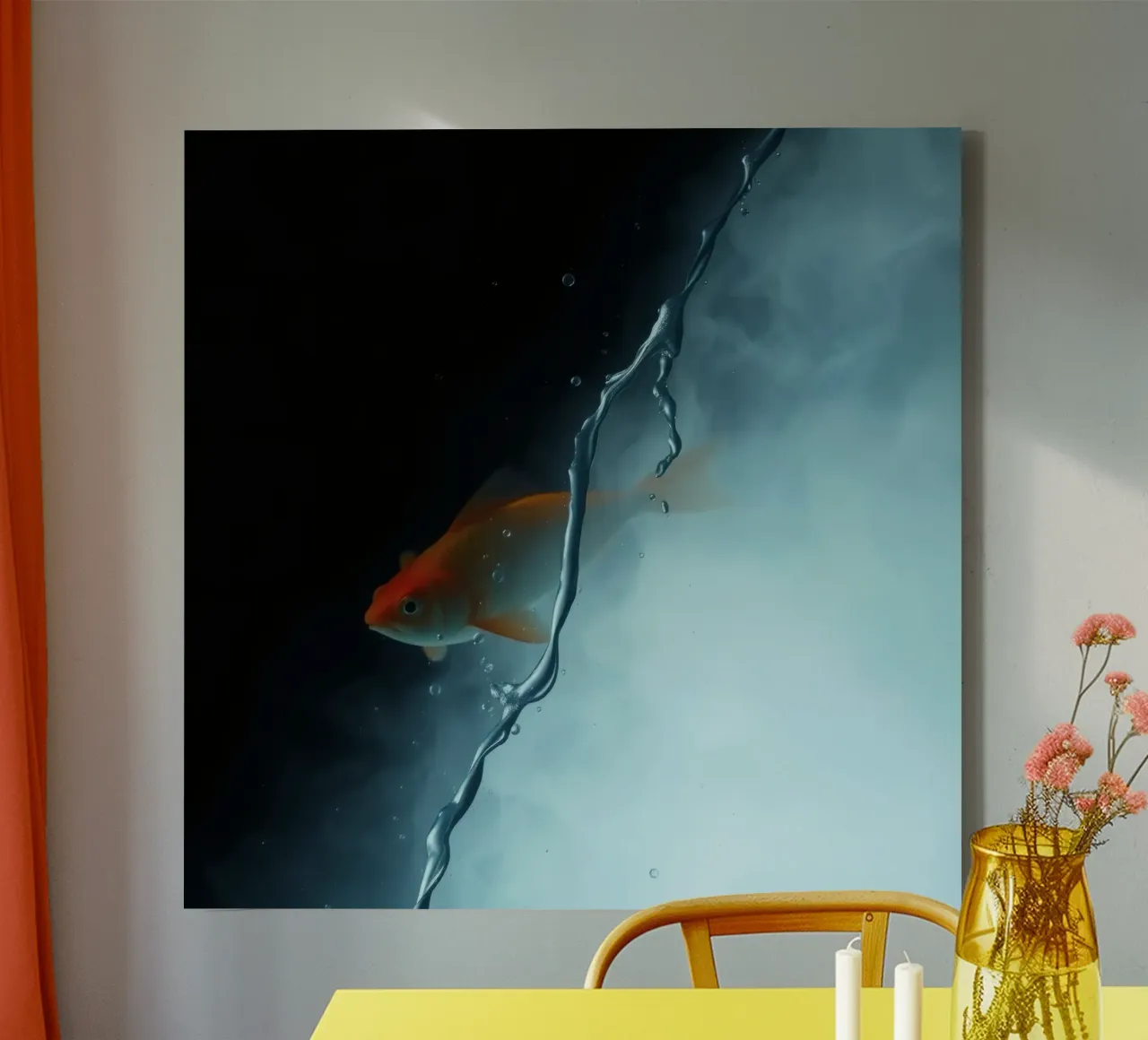 goldfish swimming through misty water in a serene aquarium canvas with Floater frame by DesignDoodle
