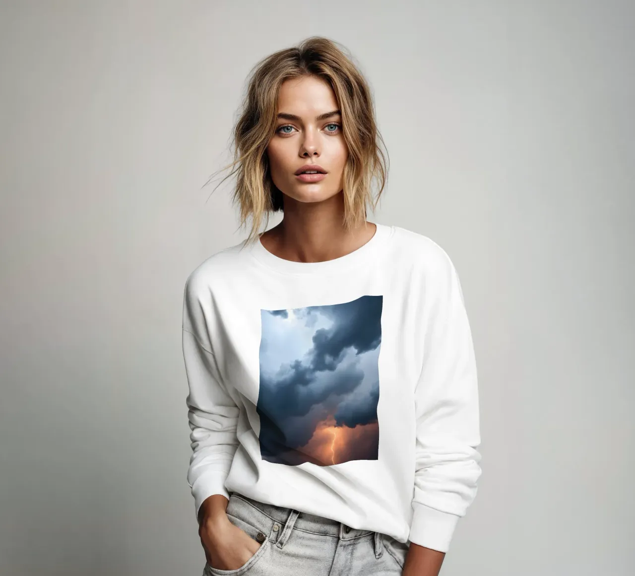 Dramatic lightning strikes during a stormy evening over dark sweatshirt by DesignDoodle