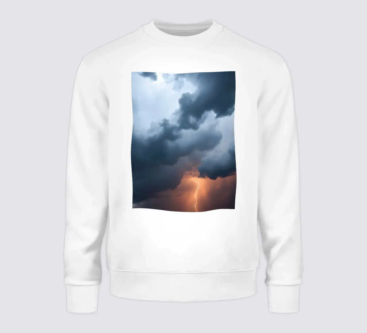 Dramatic lightning strikes during a stormy evening over dark sweatshirt by DesignDoodle
