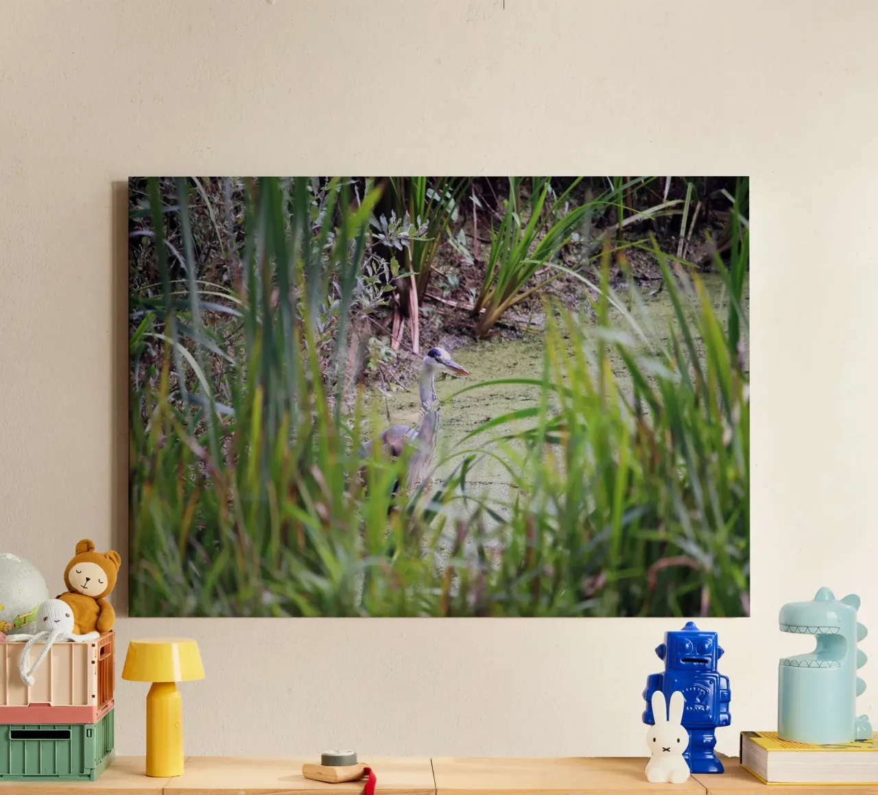 Heron in the Lake through the Grass canvas with Floater frame by Jack C Photography