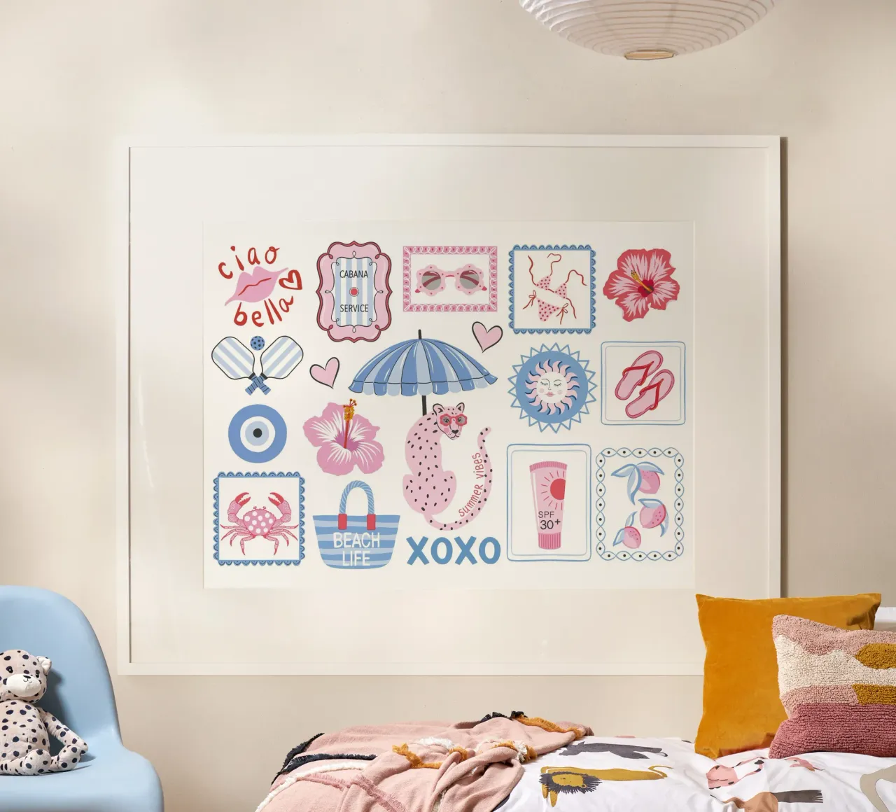 Whimsical summer beach vibes collage poster con telaio in plastica da Vivdesign