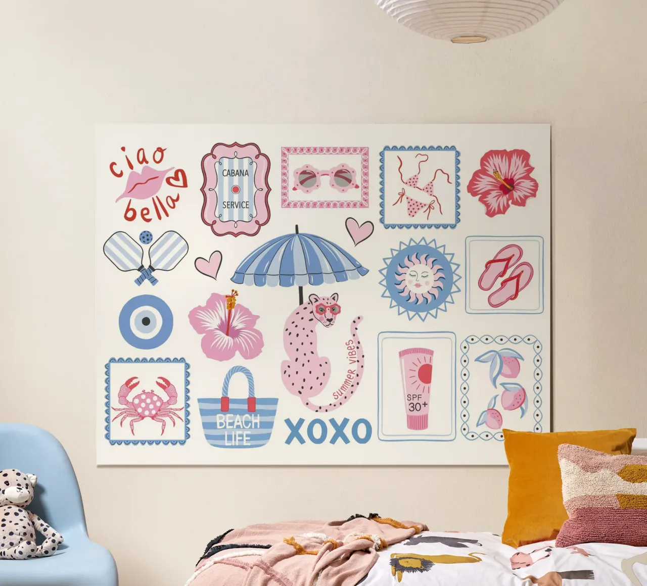 Whimsical summer beach vibes collage poster con telaio in plastica da Vivdesign