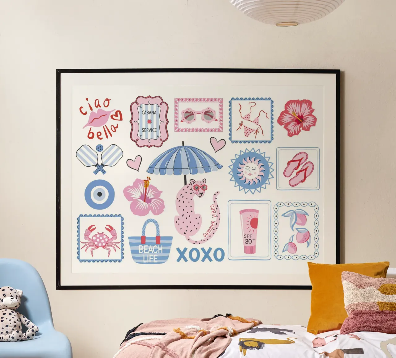 Whimsical summer beach vibes collage poster con telaio in plastica da Vivdesign